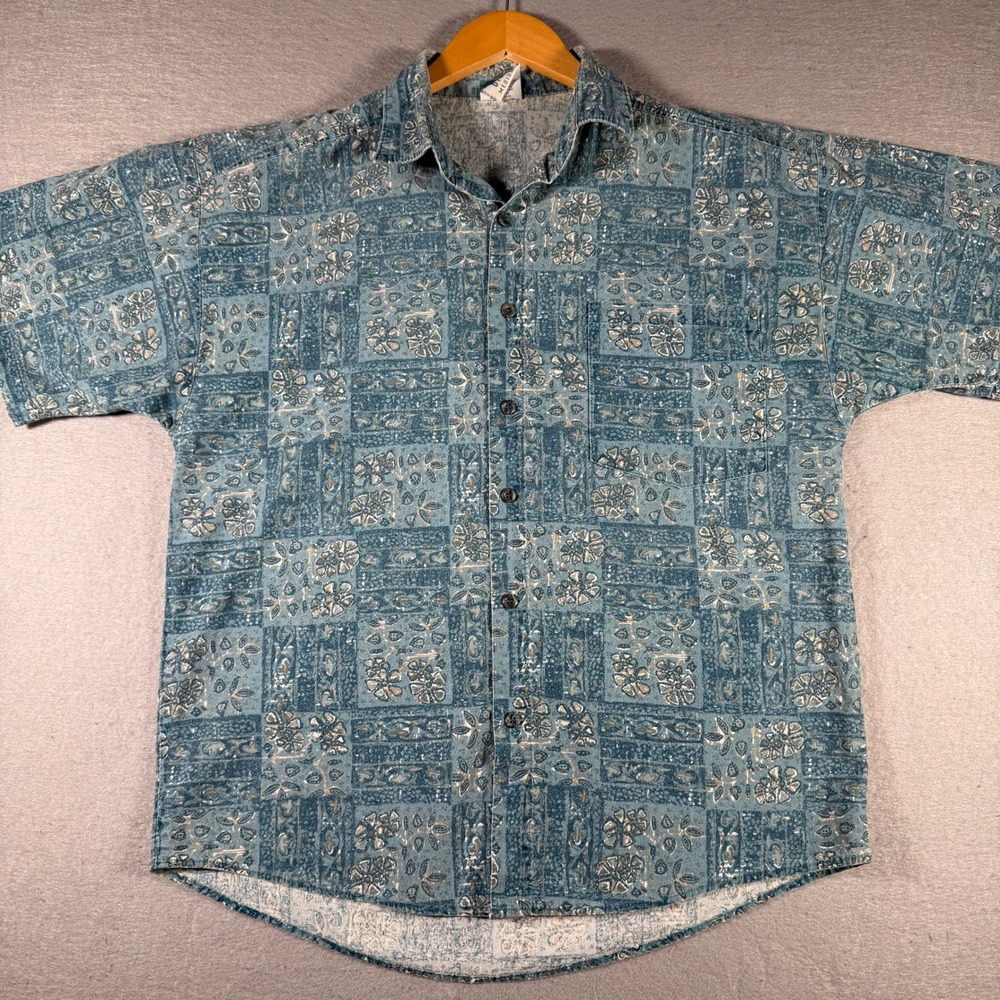Vintage Anchor Blue Mens Floral Block Print Cotton Button Down Shirt Blue Medium